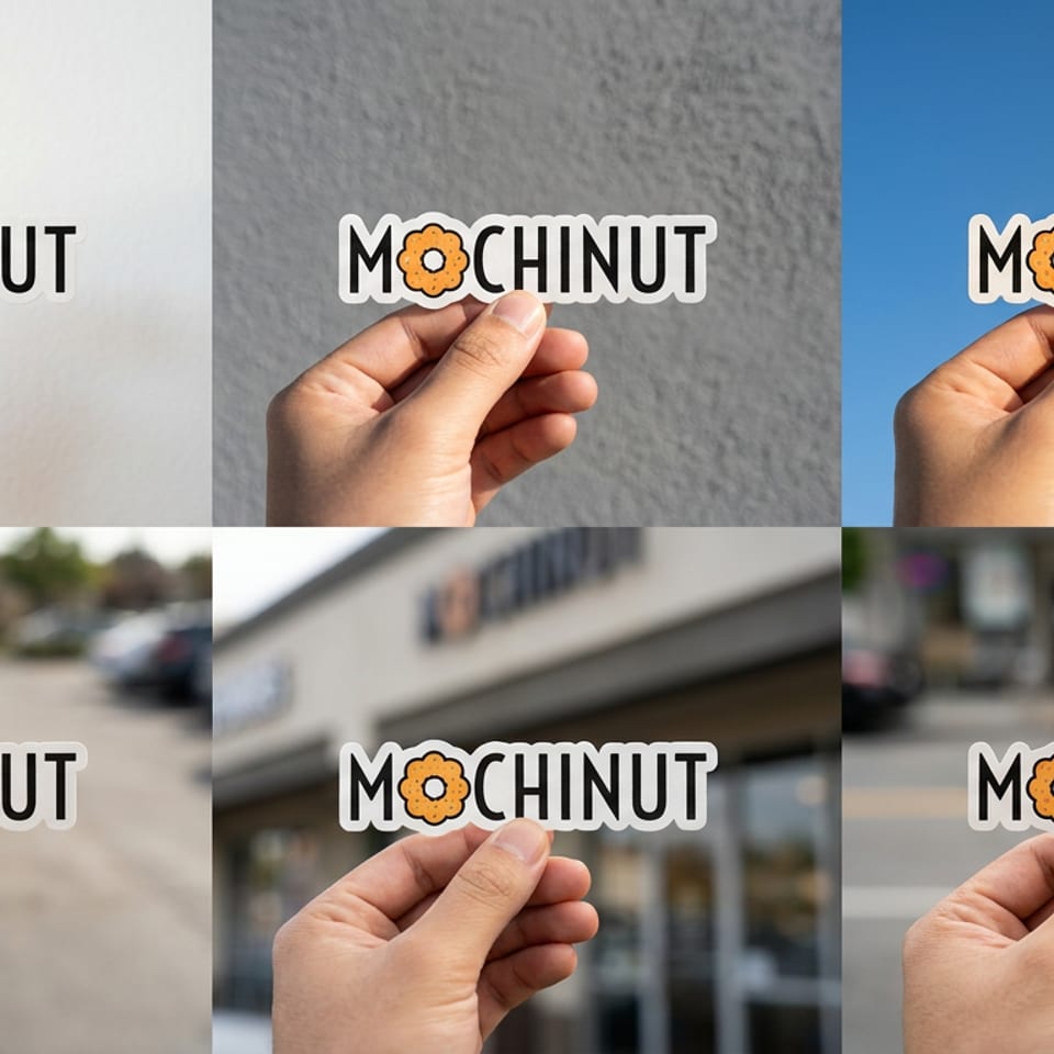 Six-panel collage showing a hand holding the Mochinut logo against indoor walls, blue sky, parking lots, and storefronts.
