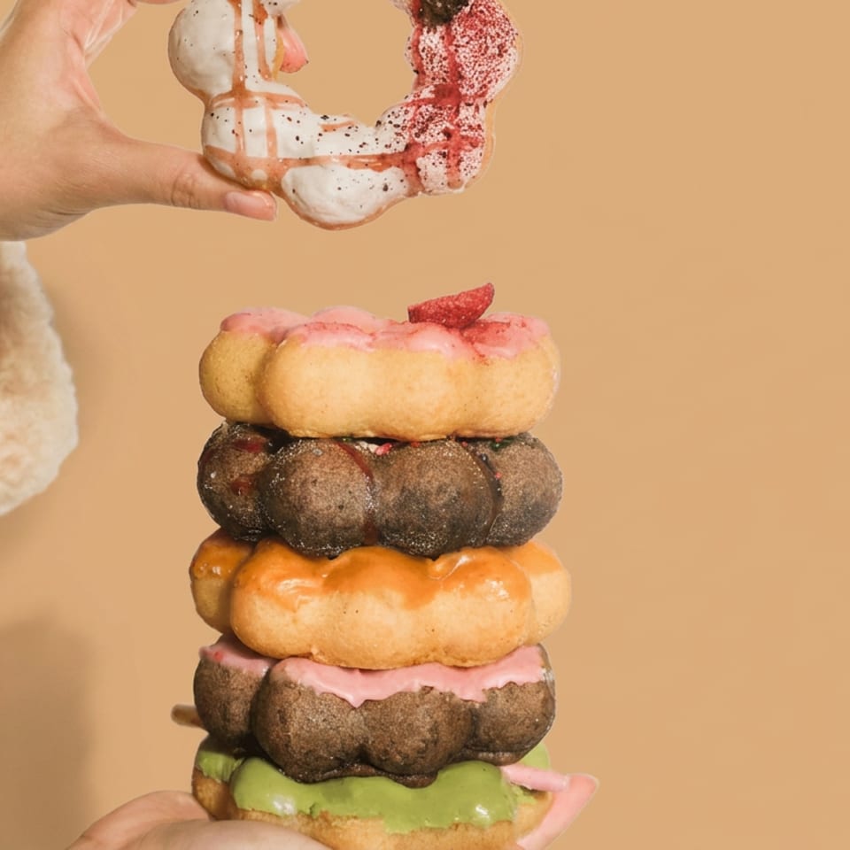 Hand holding a decorated doughnut above a tall stack of colorful frosted doughnuts against a warm peach background.