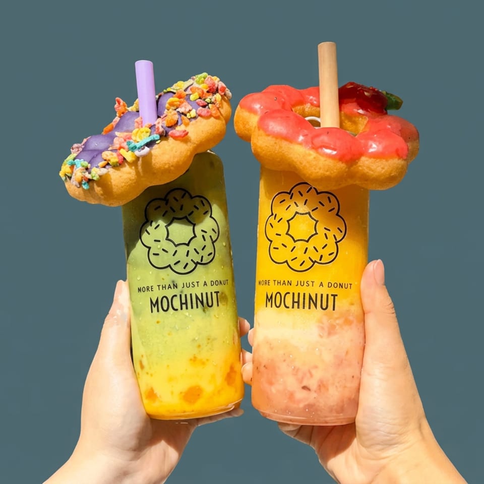 Two colorful Mochinut drinks topped with donuts and sprinkles are held against a teal background.
