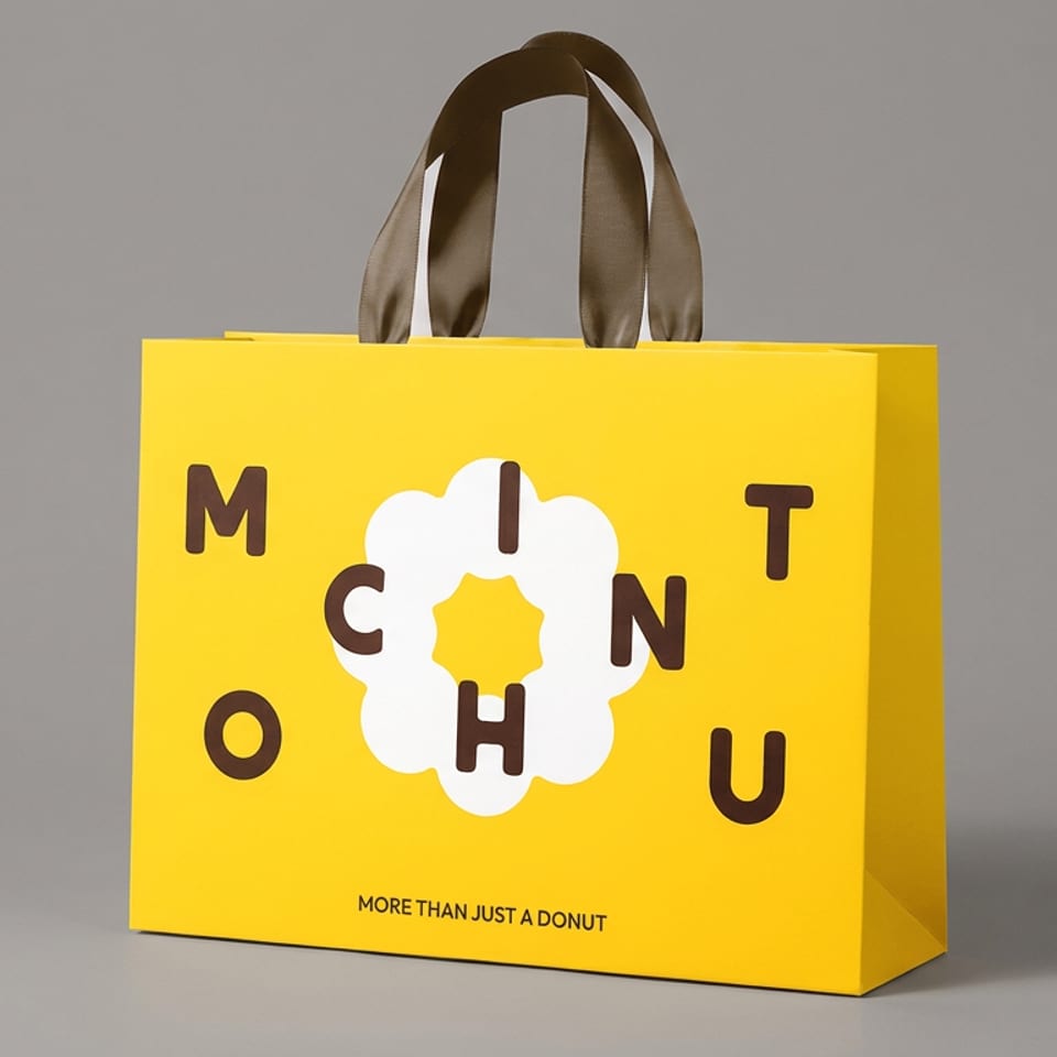 Bright yellow Mochi donut shopping bag with brown handles and floral logo, displayed against a gray studio background.