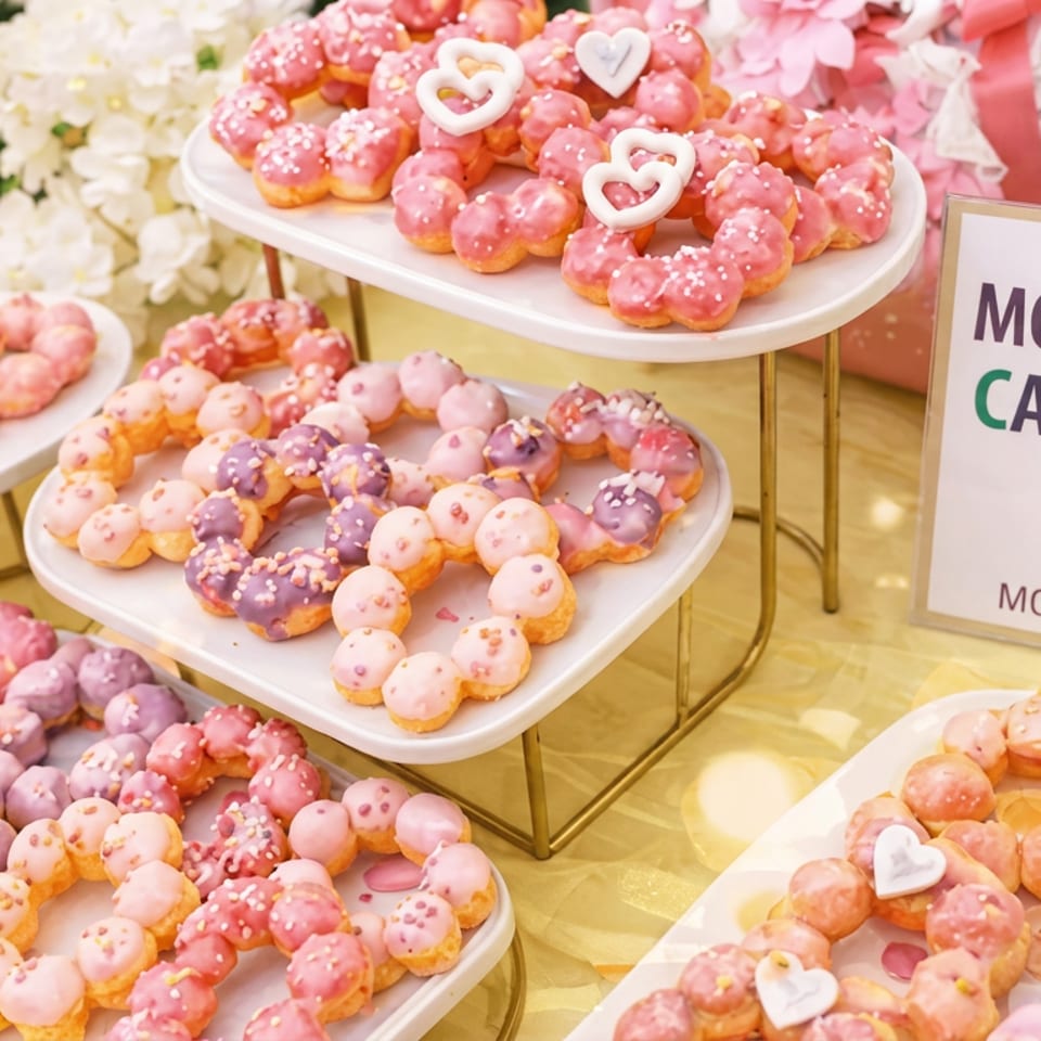Colorful pink and purple mochi donuts arranged on tiered platters beside a Mochinut catering sign and floral decorations.