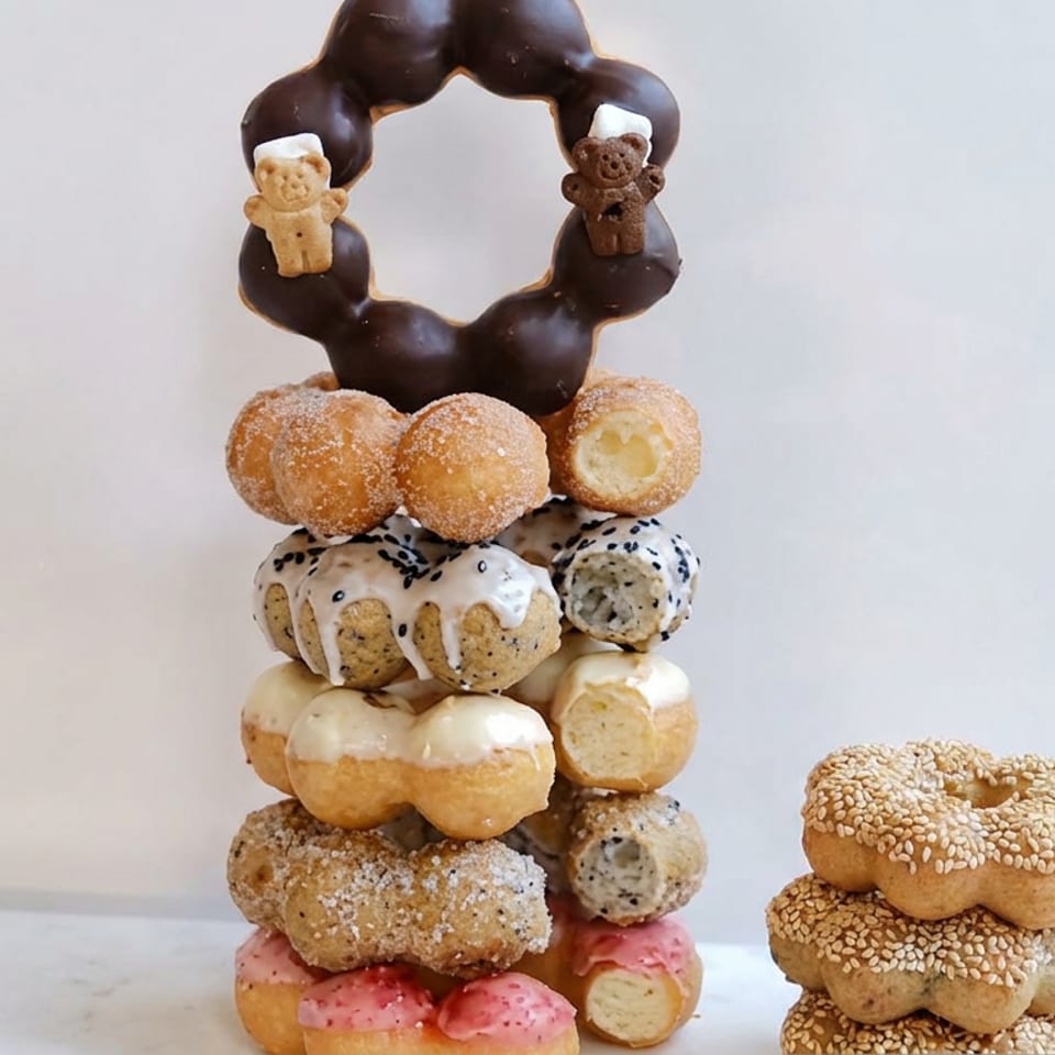 Tower of assorted doughnuts and pastries topped with chocolate and teddy bear decorations, beside stacked sesame bagels.