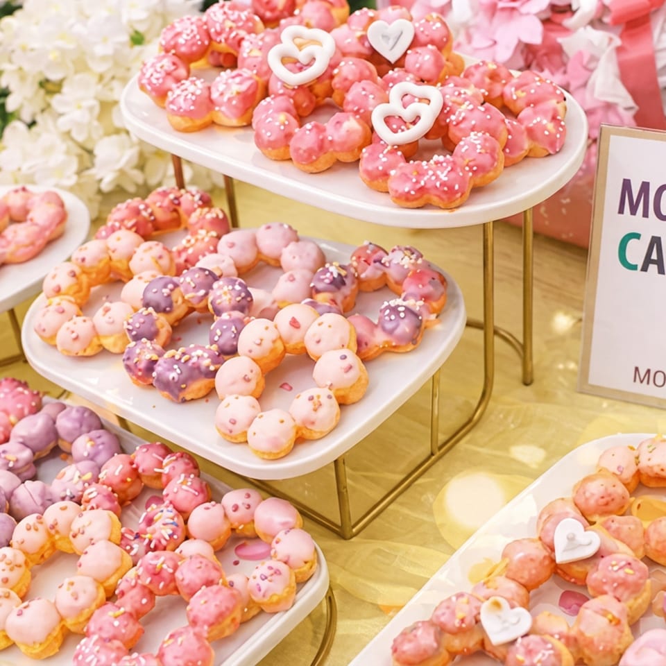 Colorful pink and purple Mochinut donuts with heart-shaped decorations displayed on tiered serving trays beside a catering sign.