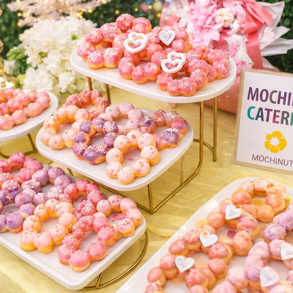 Mochinut catering display featuring colorful pink and purple glazed mochi donuts on tiered trays, with floral decorations and signage.