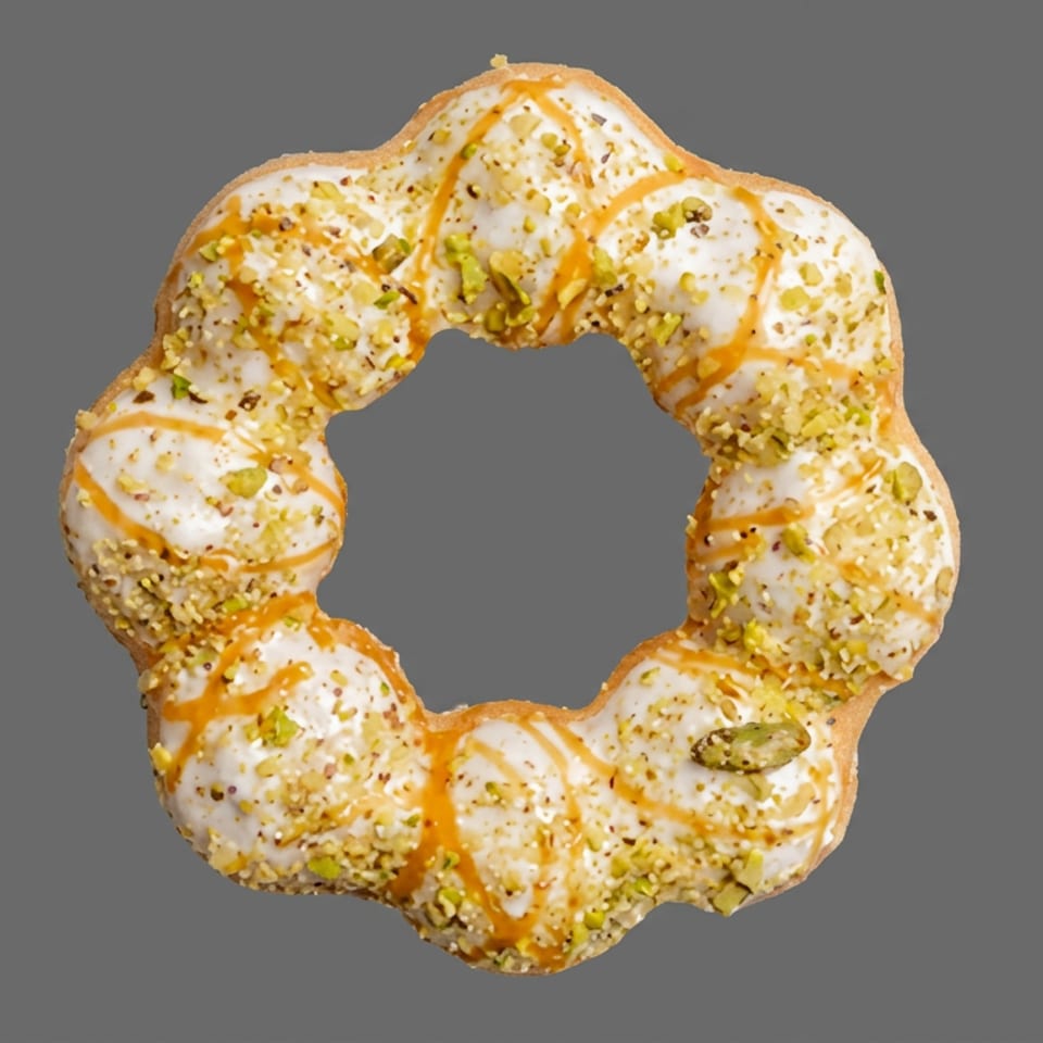 Ring-shaped pastry topped with white icing, caramel drizzle, chopped pistachios, and sprinkles against a gray background.
