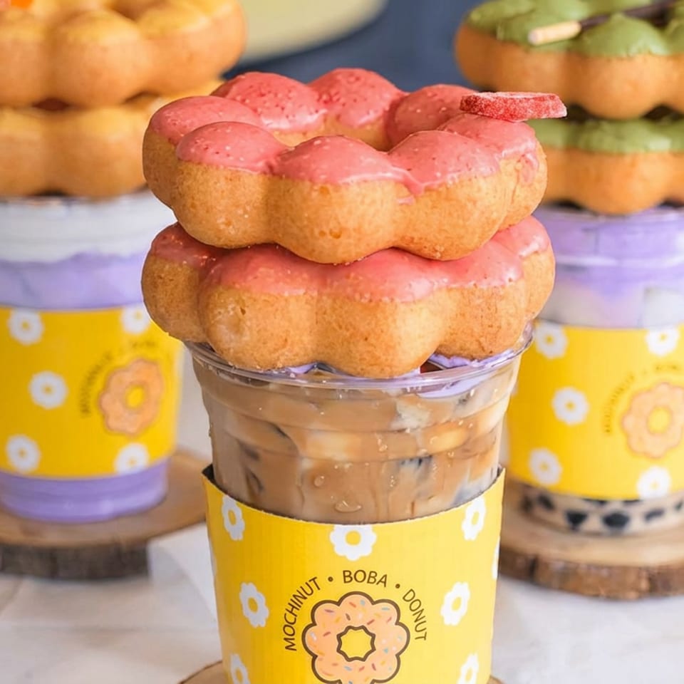 Stacked pink-glazed mochi donuts sit atop a decorated drink cup, with colorful donut-and-drink displays in the background.
