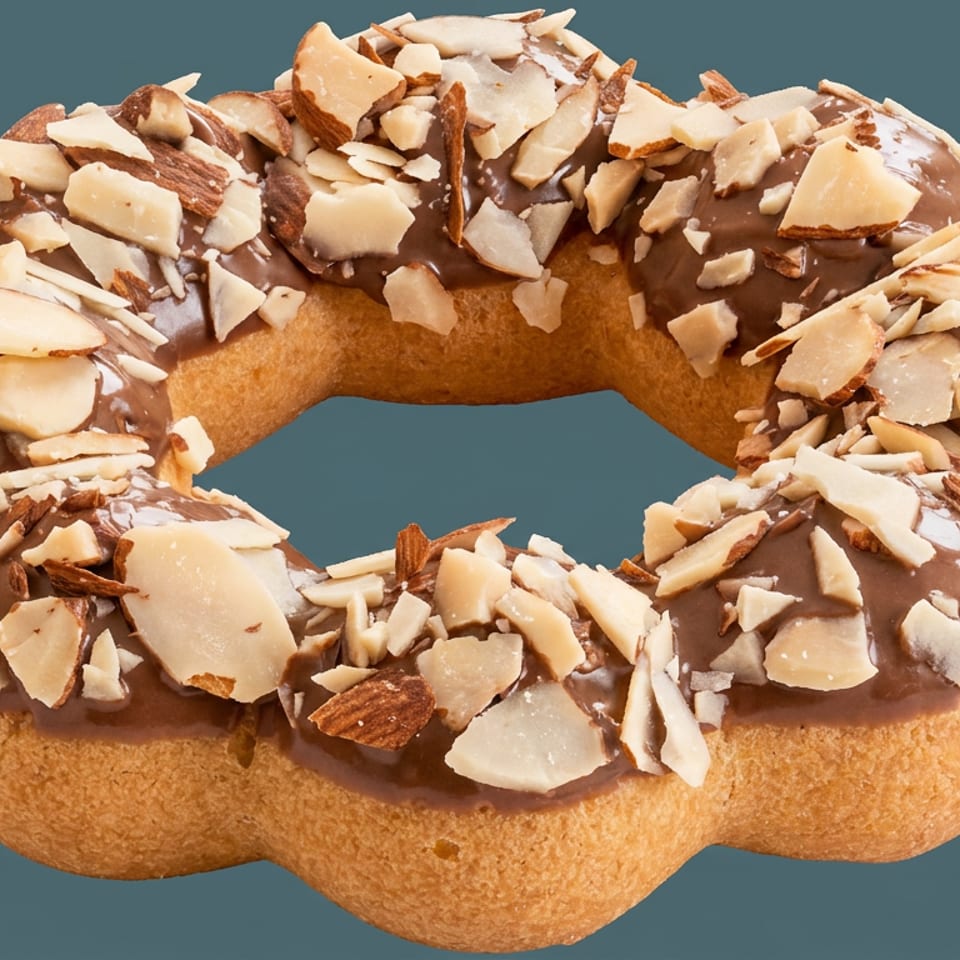 Glazed ring doughnut topped with chocolate icing and generous slices of almonds against a teal background.