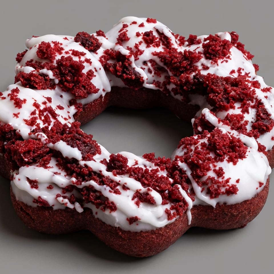 Red velvet ring-shaped pastry topped with white icing and scattered red cake crumbs on a gray surface.