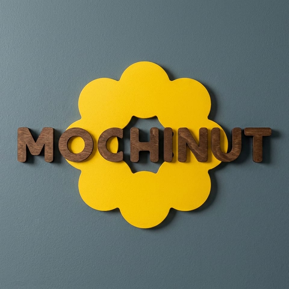 Wooden “MOCHINUT” lettering mounted over a bright yellow flower-shaped sign on a textured blue-gray wall.