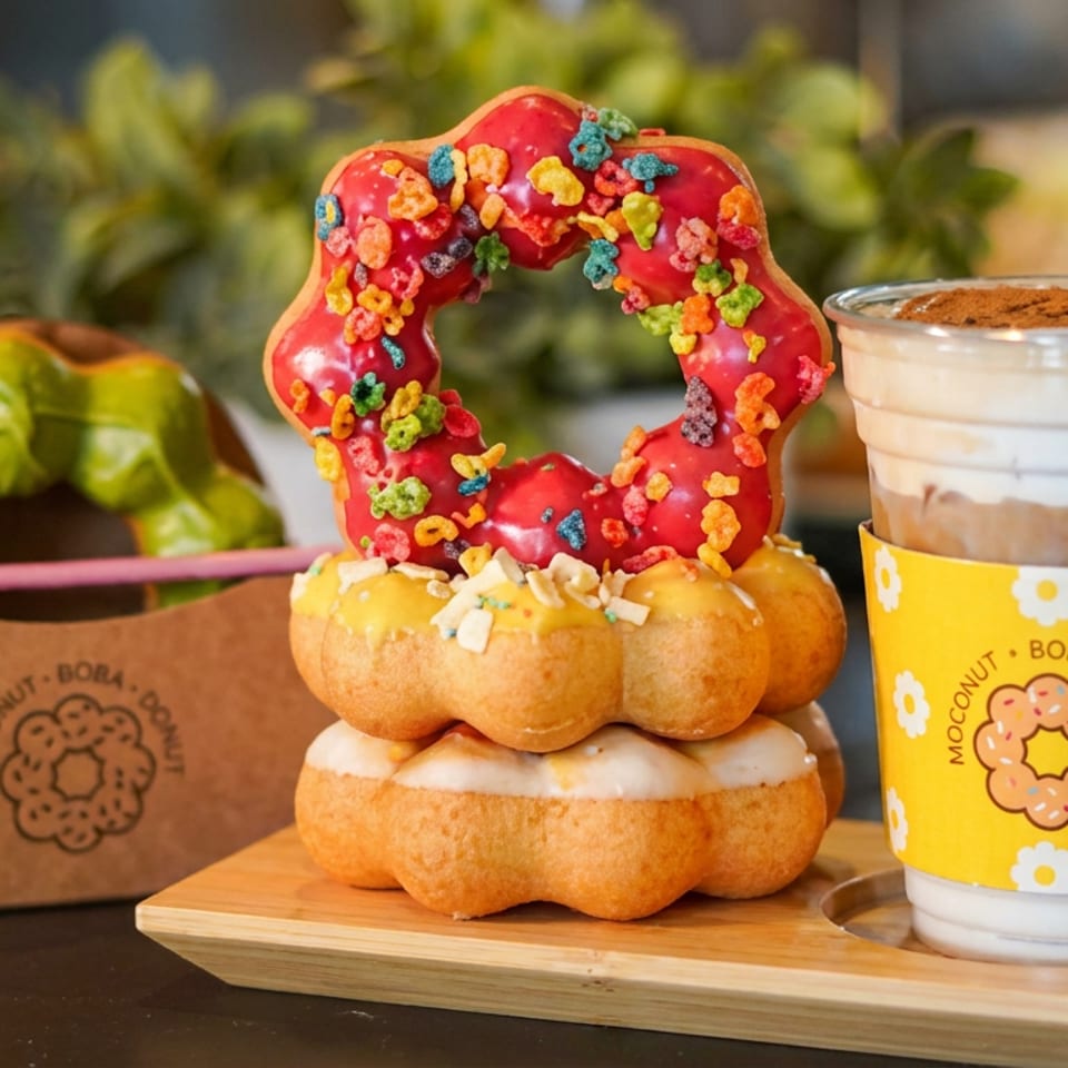 Stack of colorful glazed doughnuts beside a powdered drink in a yellow floral cup, with a doughnut box in the background.