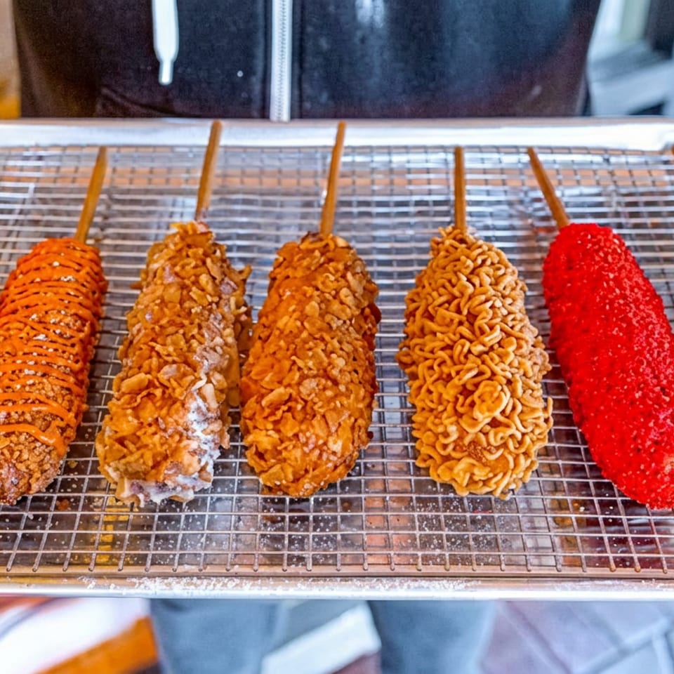 Tray of six colorful, coated corn dogs on sticks, including sesame, drizzled, crunchy, ramen, red, and potato toppings.