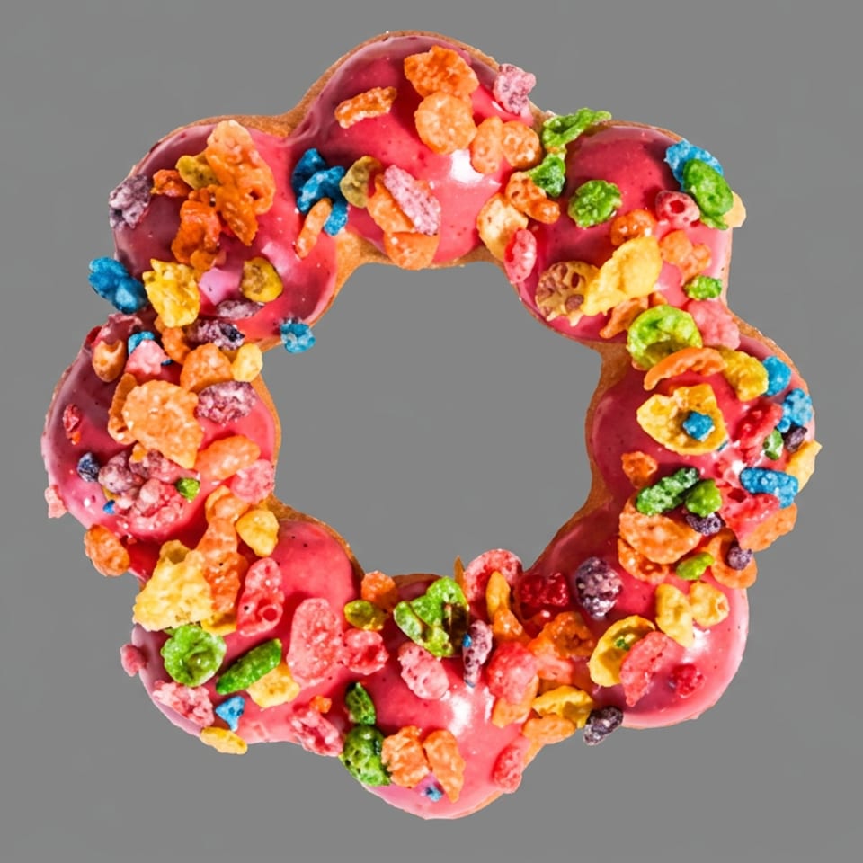 Pink frosted ring doughnut covered with colorful cereal pieces against a gray background.