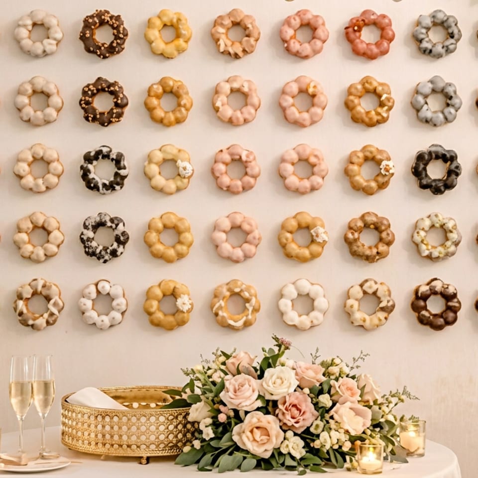 Decorative wall displays five rows of colorful ring-shaped pastries, framed by greenery and flowers above a floral table arrangement with champagne.