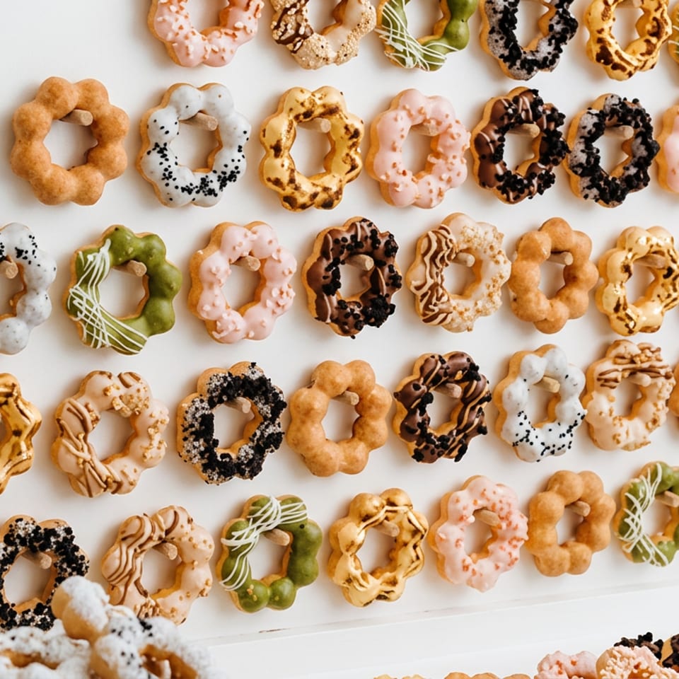 Colorful glazed ring-shaped pastries arranged in rows on a large white platter, with assorted toppings and drizzles.