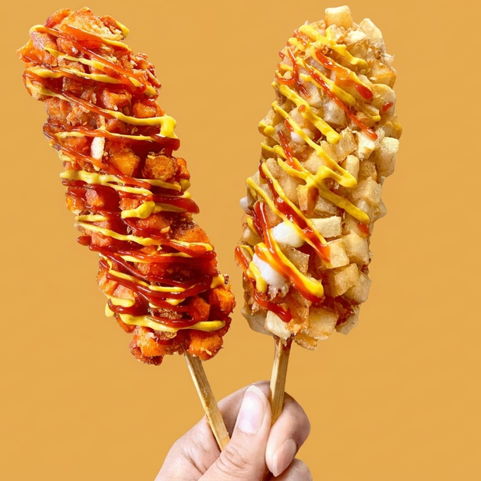 Hand holding two corn dogs coated with crispy potato pieces and drizzled with red and yellow sauces against an orange background.