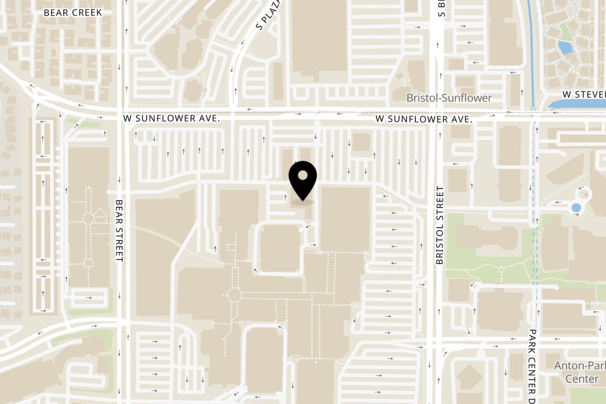 Map showing the location of Mochinut South Coast Plaza on 3333 Bristol St in Costa Mesa
