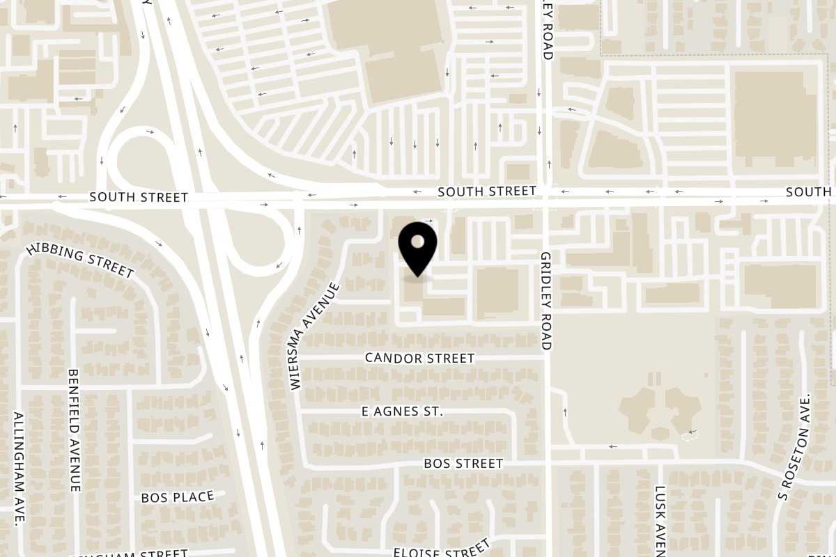 Map showing the location of Mochinut Cerritos on 11312 South St in Cerritos