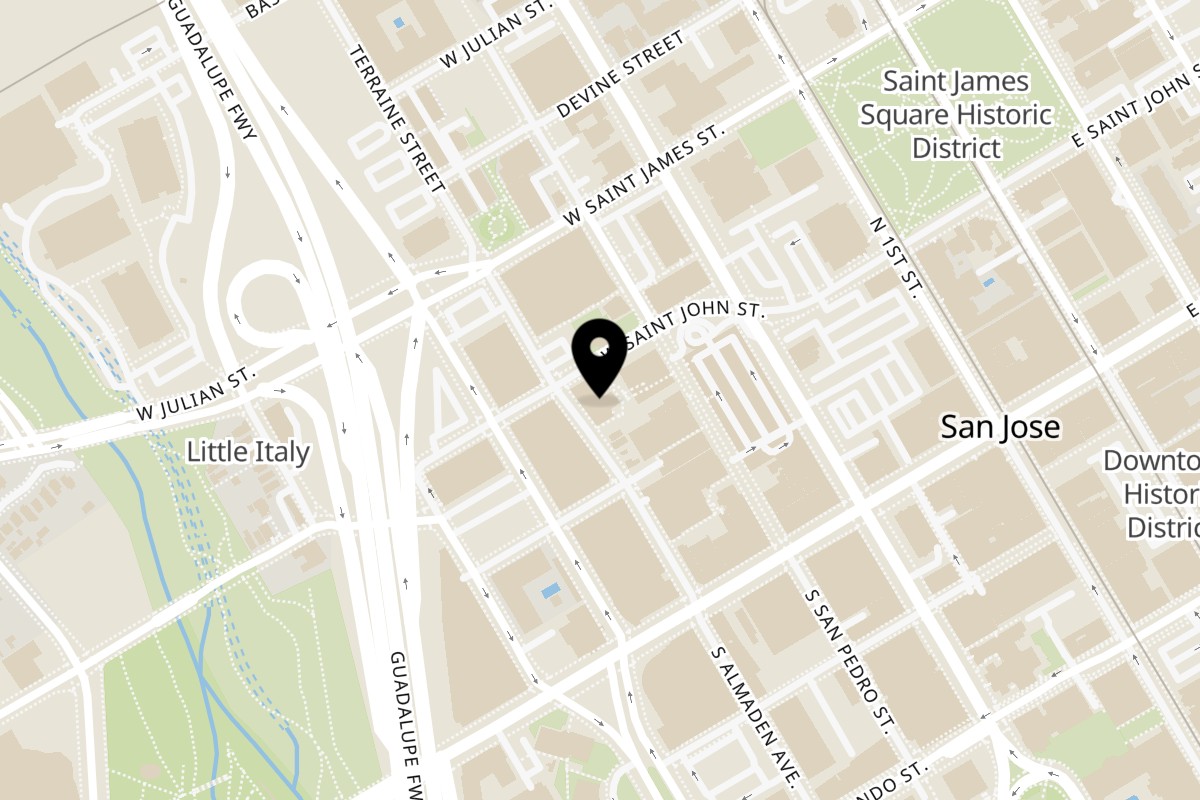Map showing the location of Mochinut San Jose Downtown on 100 N Almaden Ave Ste. #180 in San Jose