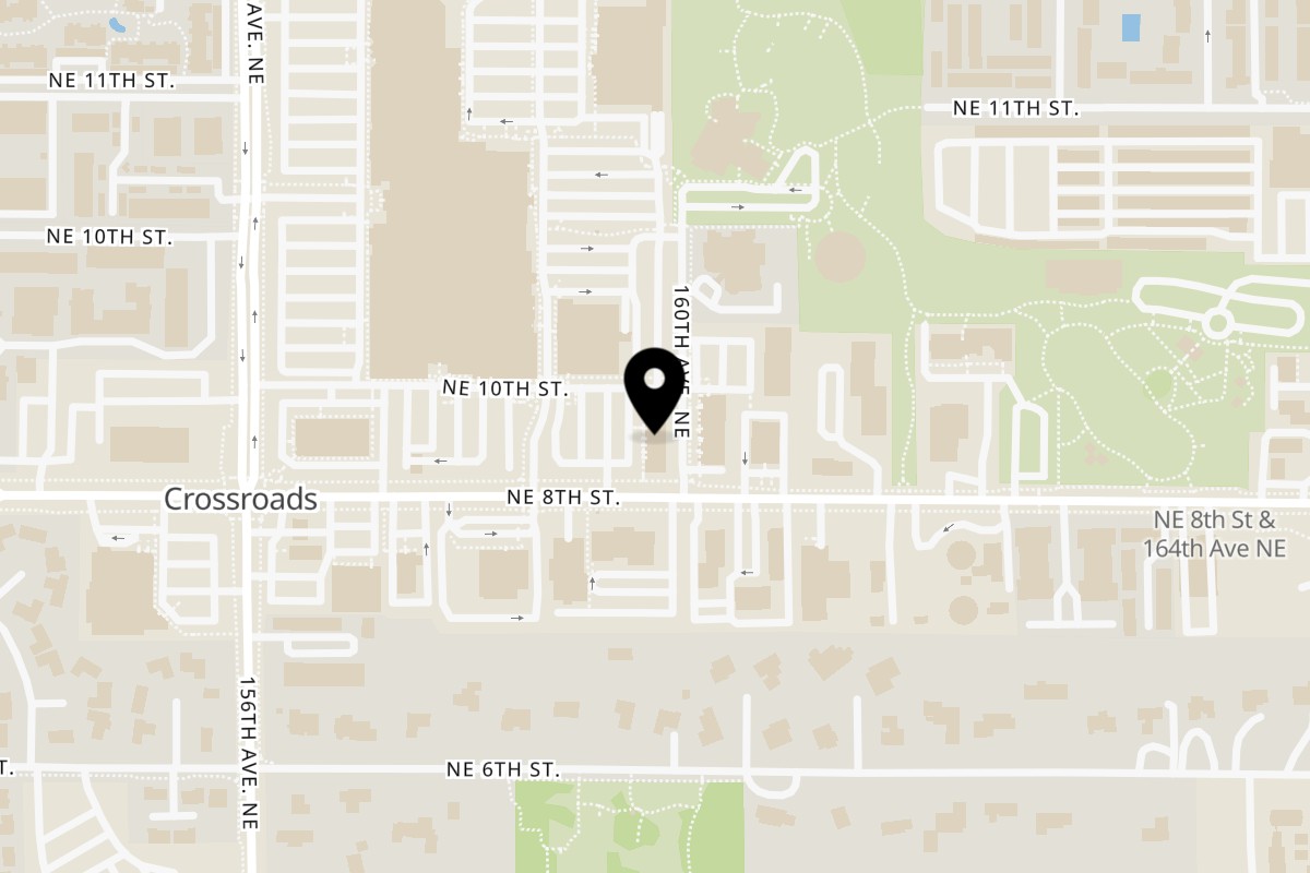 Map showing the location of Mochinut Bellevue Crossroads on 15600 NE 8th St in Bellevue