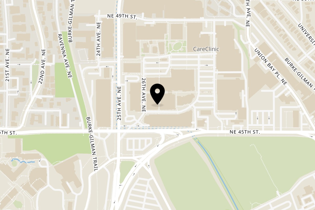 Map showing the location of Mochinut University Village on 4609 Village Ct NE in Seattle